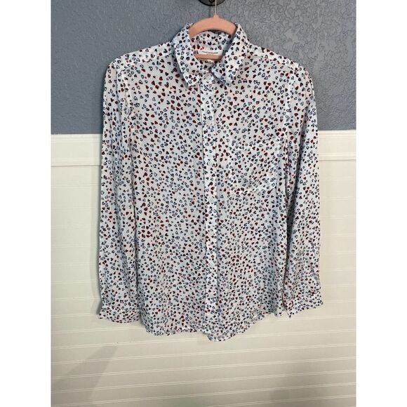 Beach Lunch Lounge White Multicolor Heart Print Button Down Dress Blouse Small - Picture 1 of 8